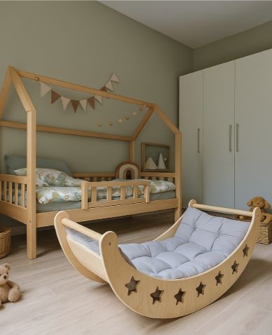 Montessori Ahşap Sallanan Beşik – Yıldız Kesim Tasarım | %100 Doğal Ahşap Baby Rocker