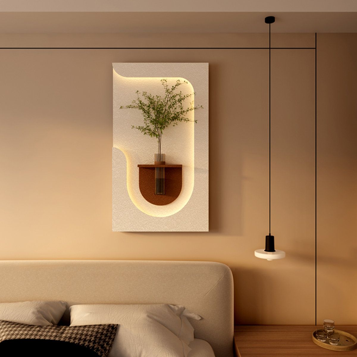 Modern Ledli Duvar Tablosu  | Gizli Aydınlatmalı Dekoratif Tasarım Vazo Dahil