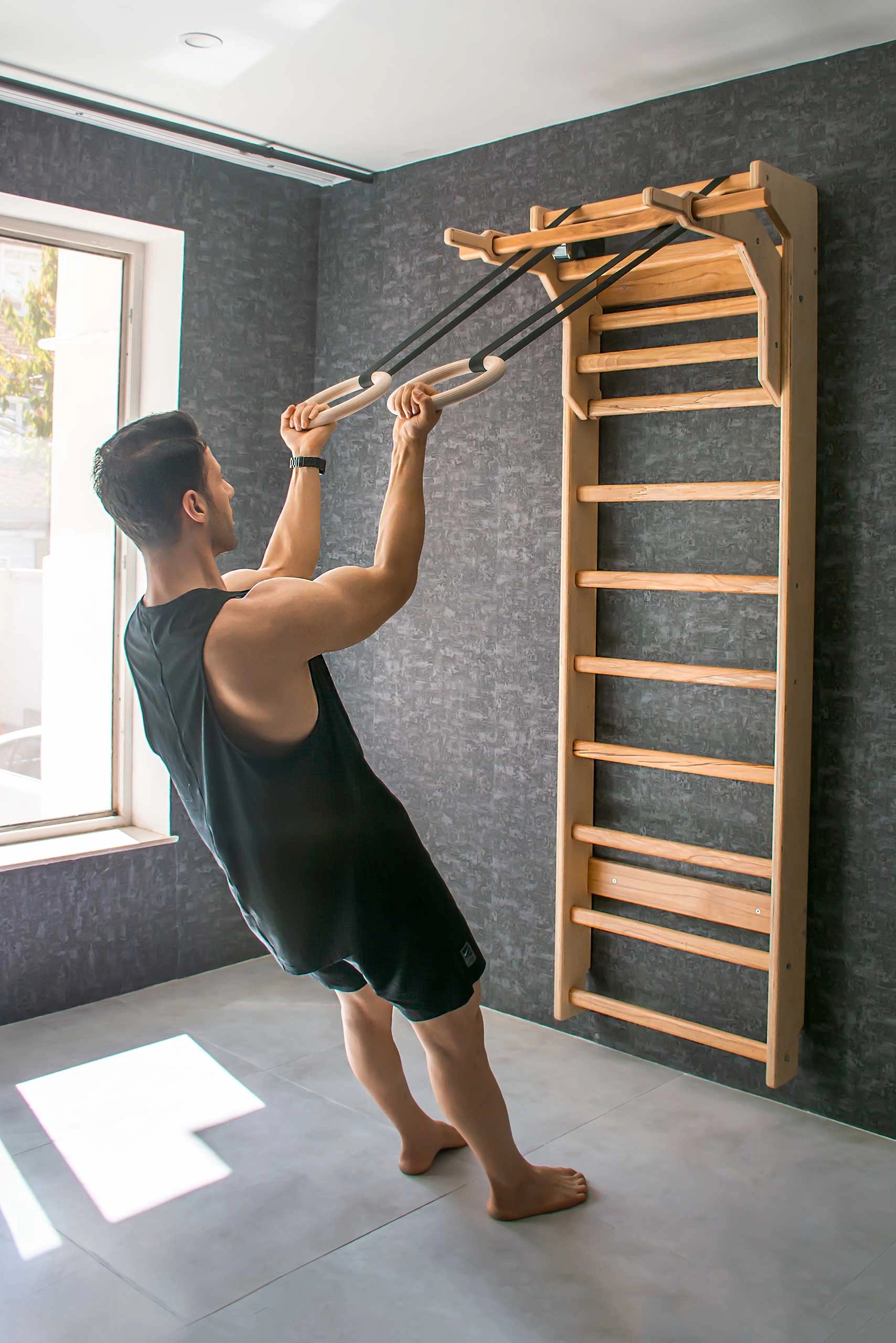 Ahşap İsveç Duvarı & Barfiks Ünitesi 220×70 cm | El Yapımı | 150 Kg Taşıma Doğal Vernikli