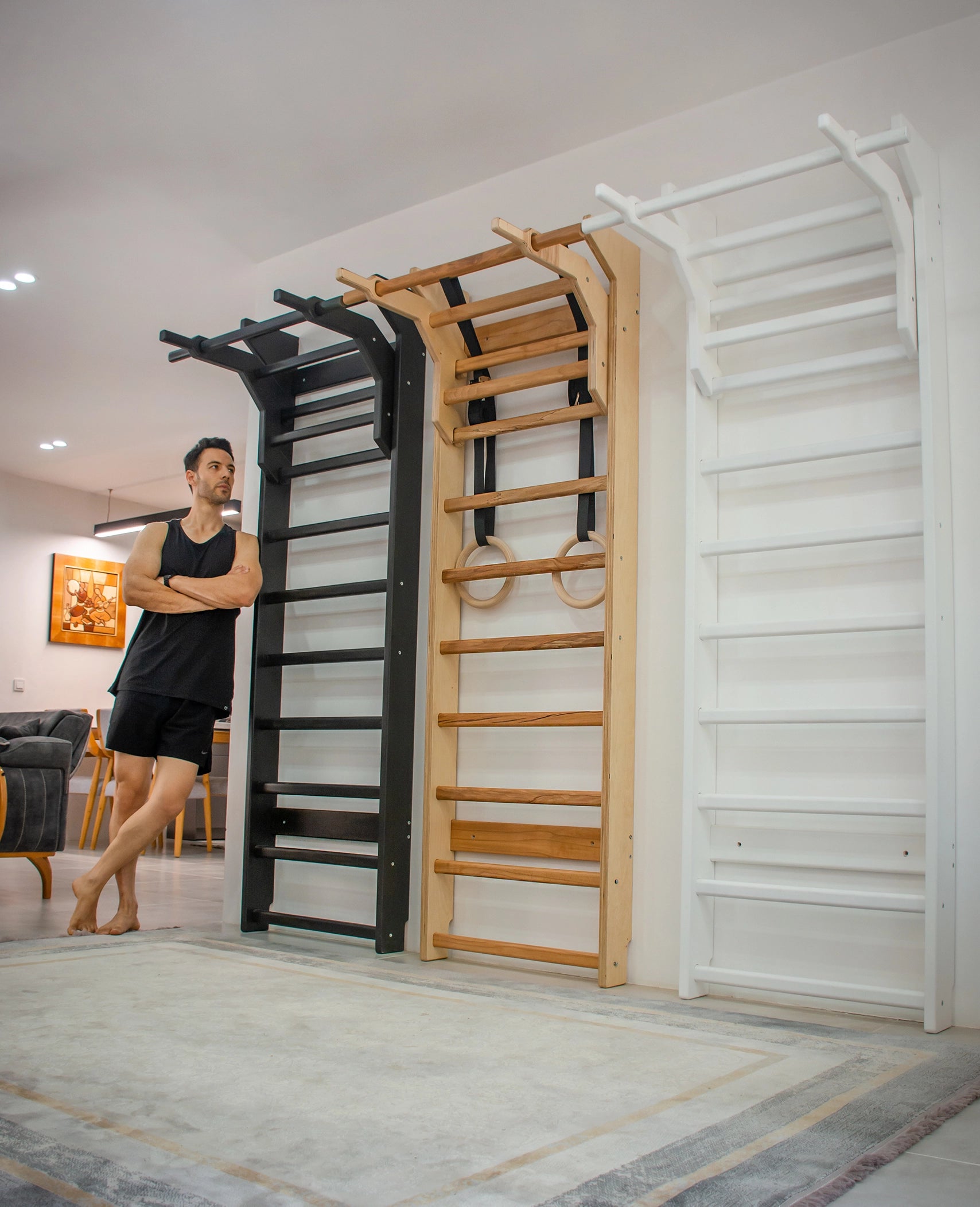 Ahşap İsveç Duvarı & Barfiks Ünitesi 220×70 cm | El Yapımı | 150 Kg Taşıma Beyaz Renk