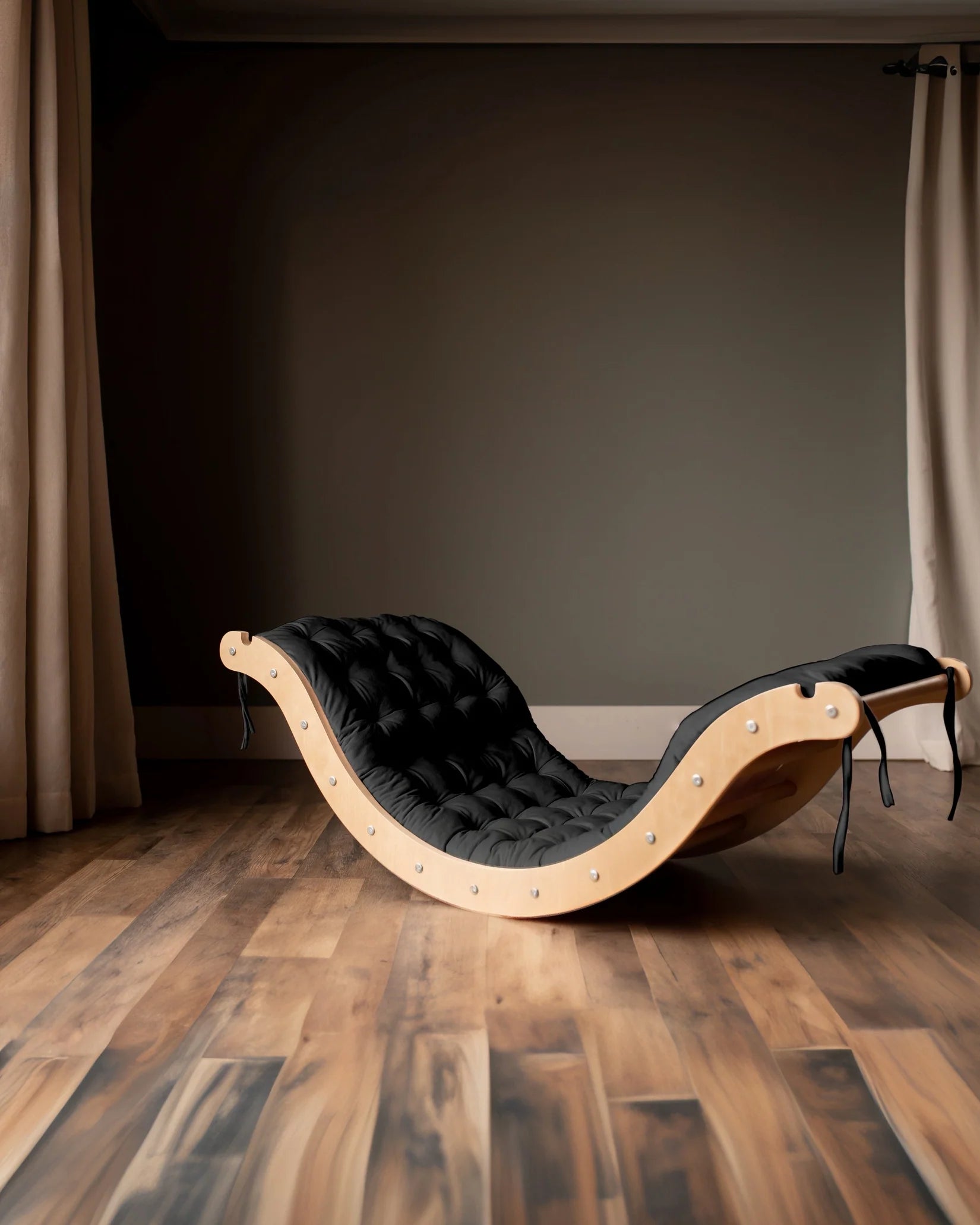 🌿 Doğal Ahşap Denge Tahtası – Minder Dahil | Yetişkin ve Çocuklar İçin Siyah Minderli