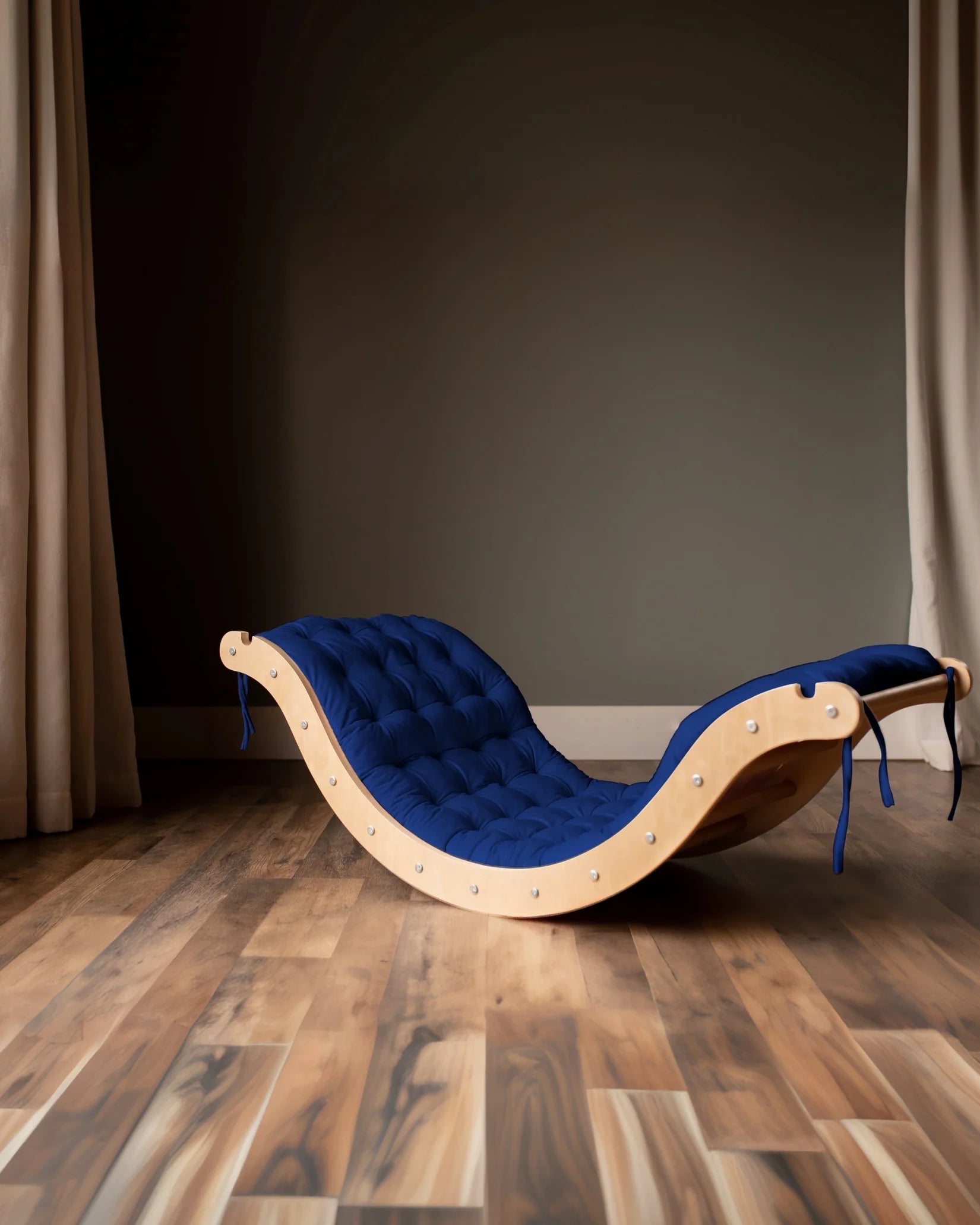 🌿 Doğal Ahşap Denge Tahtası – Minder Dahil | Yetişkin ve Çocuklar İçin Mavi Minderli