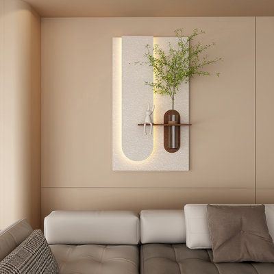 Modern Ledli Duvar Tablosu – 40x70 cm | Gizli Aydınlatmalı Dekoratif Tasarım Vazo Dahil