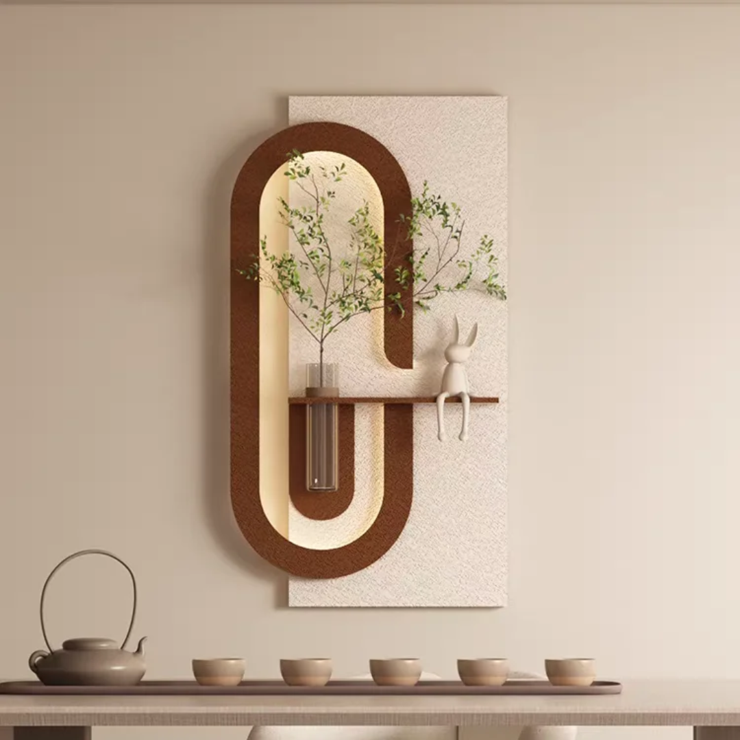 Modern Ledli Duvar Tablosu – | Gizli Aydınlatmalı Dekoratif Tasarım Vazo Dahil AURA KAHVERENGİ